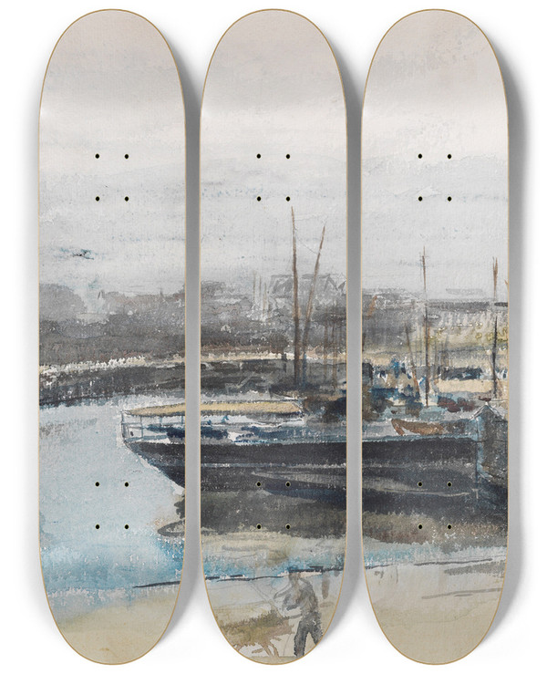 Triptych art skateboard deck of Max Liebermann Quai In Hamburg by Max Liebermann (1847-1935)