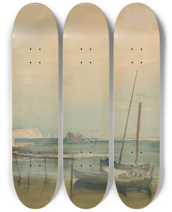Triptych art skateboard deck of Joseph Mallord William Turner Coast Scene With White Cliffs And Boats On Shore by Joseph Mallord William Turner (1775-1851)