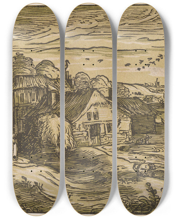 Triptych art skateboard deck of Hendrick Goltzius Landschaft Mit Bauerngehft by Hendrick Goltzius (1558-1617)