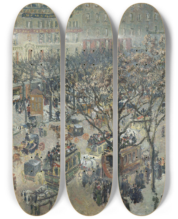Triptych art skateboard deck of Camille Pissarro Boulevard Des Italiensmorningsunlight by Camille Pissarro (1830-1903)