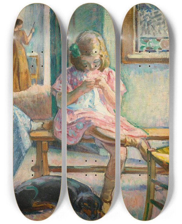 Triptych art skateboard deck of Henri Lebasque Marthe Et Nono Cousant Dans Un Intrieur by Henri Lebasque (1865-1937)