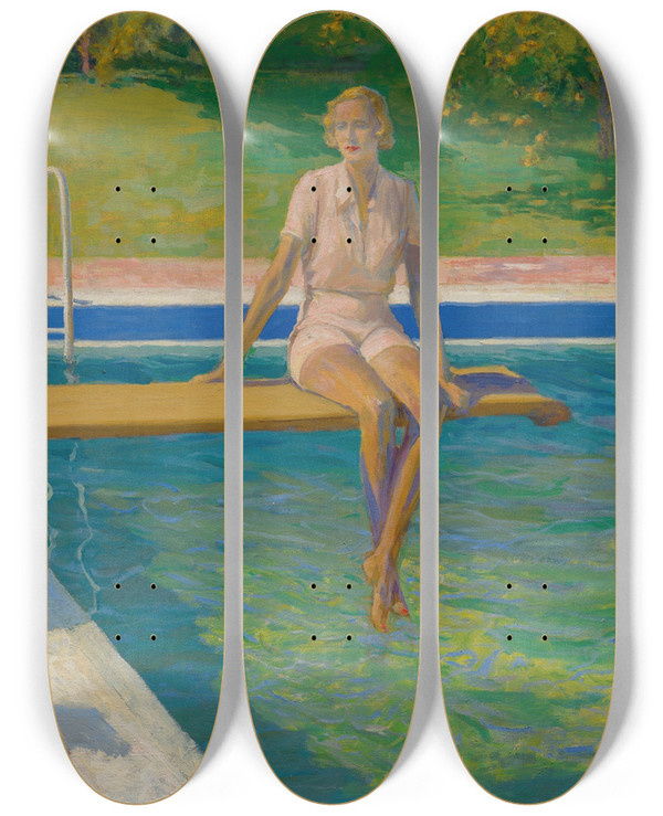 Triptych art skateboard deck of Sir John Lavery The Viscountess Castlerosse Palm Springs by Sir John Lavery (1856-1941)