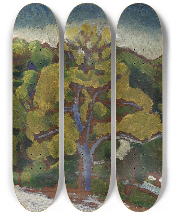 Triptych art skateboard deck of Morton Livingston Schamberg Landscape by Morton Livingston Schamberg (1881-1918)