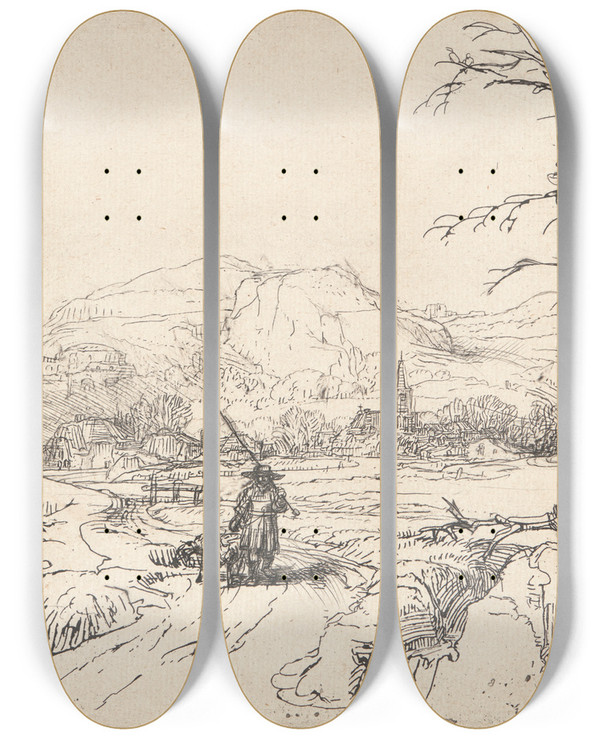 Triptych art skateboard deck of Rembrandt Van Rijn Landscape With A Sportsman And Dog by Rembrandt Van Rijn (1606-1669)