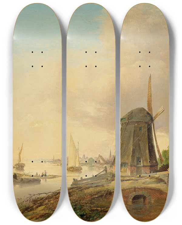 Triptych art skateboard deck of Jan Van Os A River Landscape With A Windmill by Jan Van Os (1744-1808)