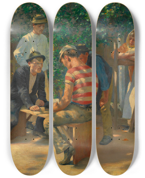 Triptych art skateboard deck of Josef Engelhart Die Kartenspieler by Josef Engelhart (1864-1941)
