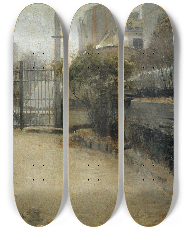 Triptych art skateboard deck of Santiago Rusiol Garden Of Montmartre by Santiago Rusinol (1861-1931)