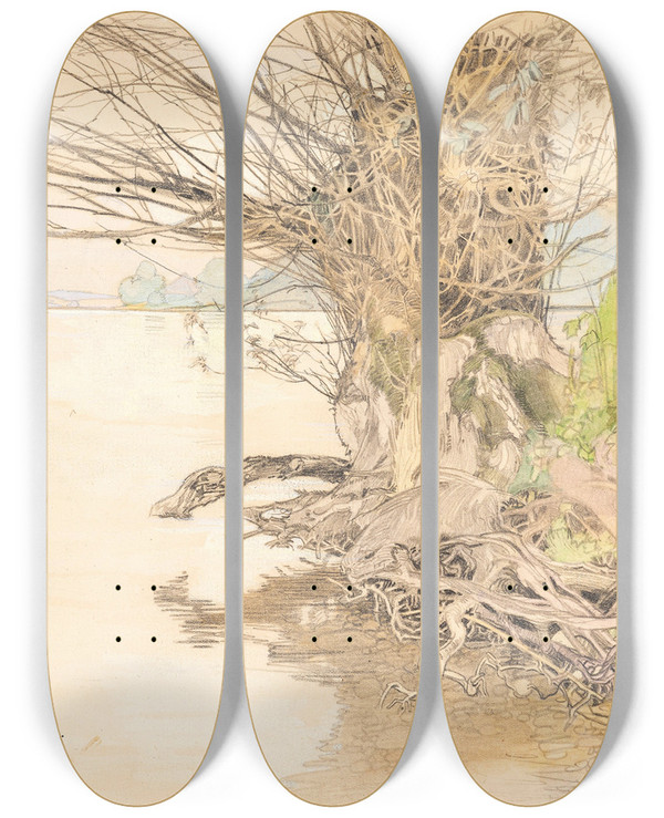 Triptych art skateboard deck of Fritz Lach A Willow Tree At The Lake Shore by Fritz Lach (1868-1933)