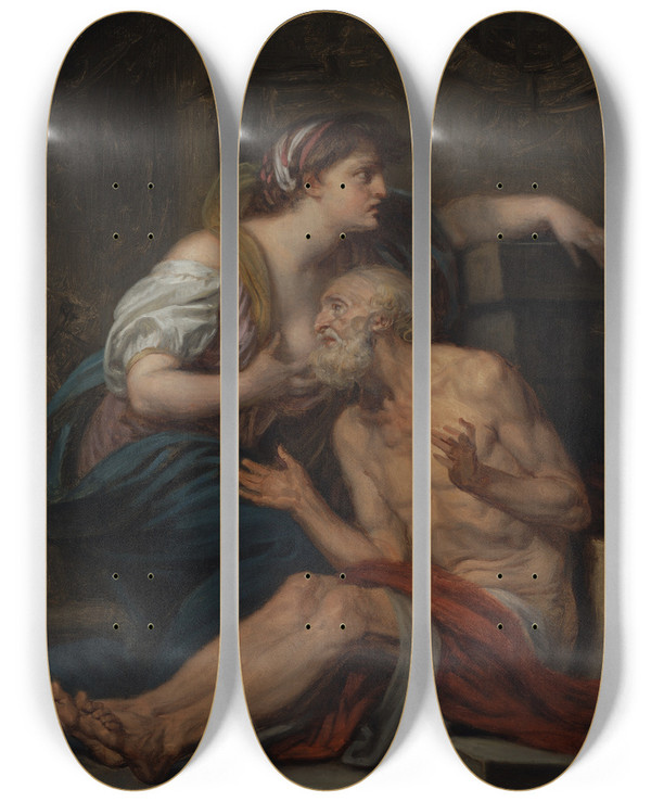 Triptych art skateboard deck of Jeanbaptiste Greuze Cimon And Pero Roman Charity by Jean-Baptiste Greuze (1725-1805)