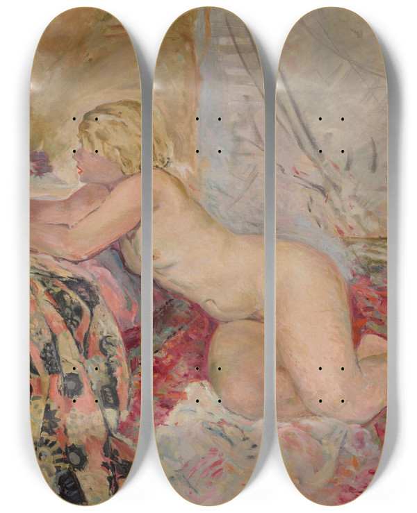 Triptych art skateboard deck of Henri Lebasque Nu Allonge Contre Un Lit Marinette by Henri Lebasque (1865-1937)