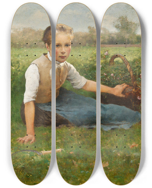 Triptych art skateboard deck of Hugo Salmson Picking Flowers by Hugo Salmson (1843-1894)