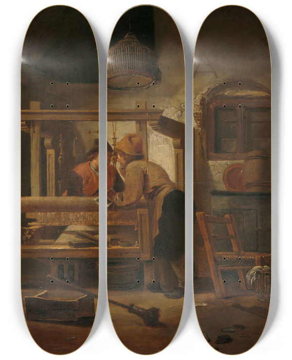 Triptych art skateboard deck of Cornelis Gerritsz Decker Weavers Workshop by Cornelis Gerritsz Decker (1618-1678)