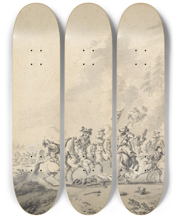 Triptych art skateboard deck of Jan Wyck A Cavalry Battle by Jan Wyck (1645-1702)