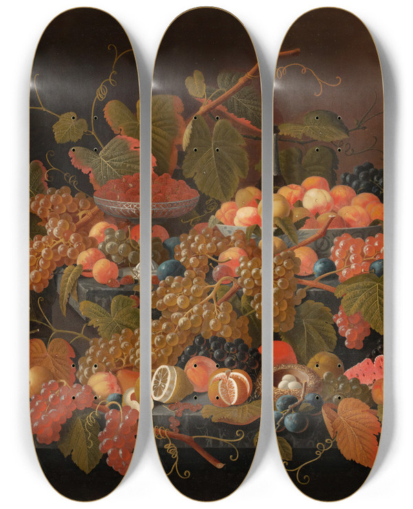 Triptych art skateboard deck of Severin Roesen Still Life With Fruit And Champagne_1 by Severin Roesen (1816-1872)