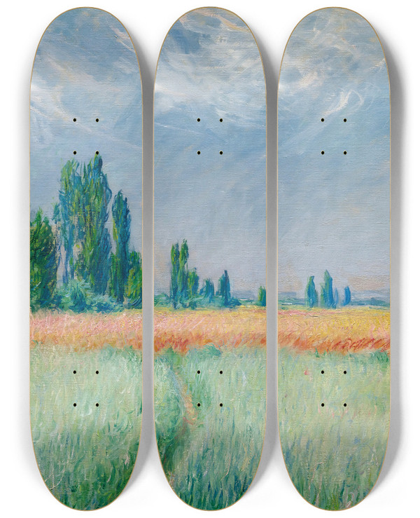 Triptych art skateboard deck of Claude Monet Champ De Bl by Claude Monet (1840-1926)