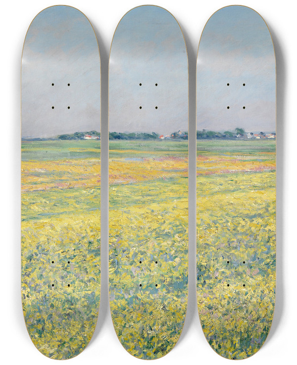 Triptych art skateboard deck of Gustave Caillebotte The Plain Of Gennevilliers Yellow Fields by Gustave Caillebotte (1848-1894)