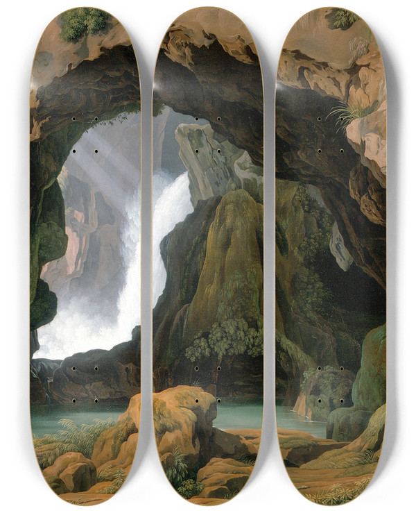 Triptych art skateboard deck of Johann Martin Von Rohden The Grotto Of Neptune In Tivoli by Johann Martin Von Rohden (1778-1868)