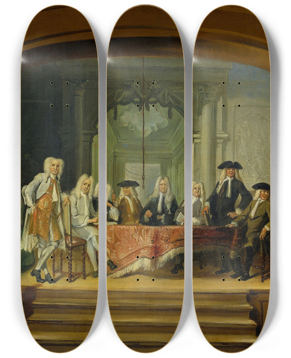 Triptych art skateboard deck of Cornelis Troost Regents Of The Aalmoezeniersweeshuis Orphanage In Amsterdam 1729 by Cornelis Troost (1696-1750)