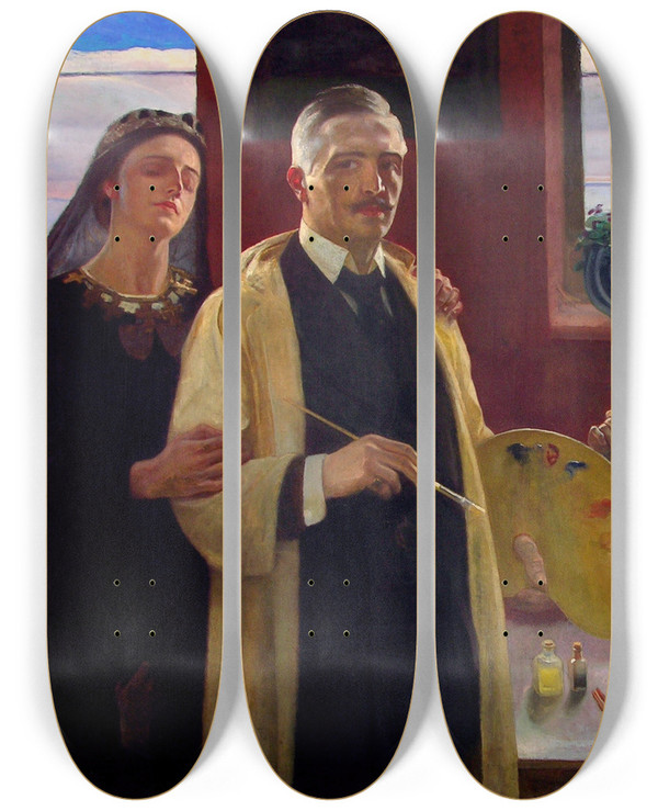 Triptych art skateboard deck of Jzef Unierzyski Selfportrait With Harpies by Jozef Unierzyski (1863-1948)