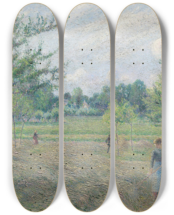 Triptych art skateboard deck of Camille Pissarro Haymaking At Ragny by Camille Pissarro (1830-1903)