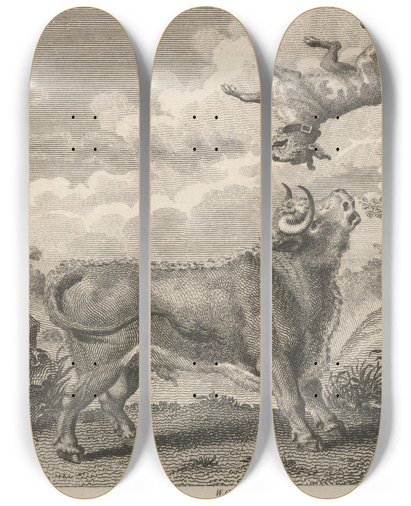 Triptych art skateboard deck of John Wootton Fable Ix The Bull And The Mastiff by John Wootton (1686-1765)