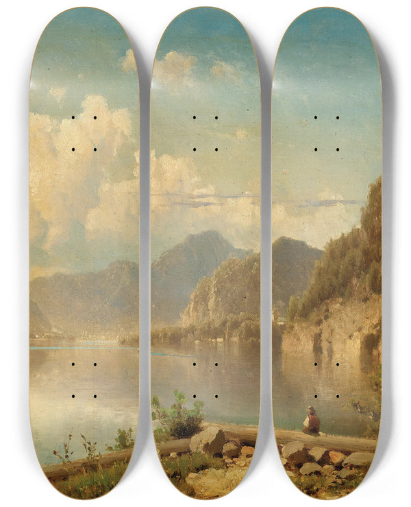 Triptych art skateboard deck of Adolf Chwala A Scene On Lake Wolfgangsee by Adolf Chwala (1836-1900)