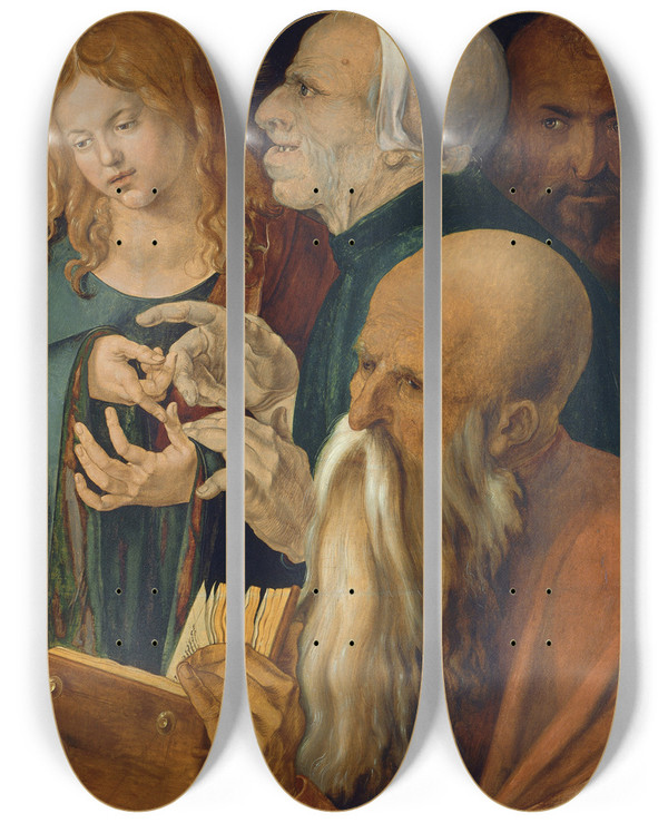 Triptych art skateboard deck of Albrecht Drer Jesus Among The Doctors by Albrecht Durer (1471-1528)