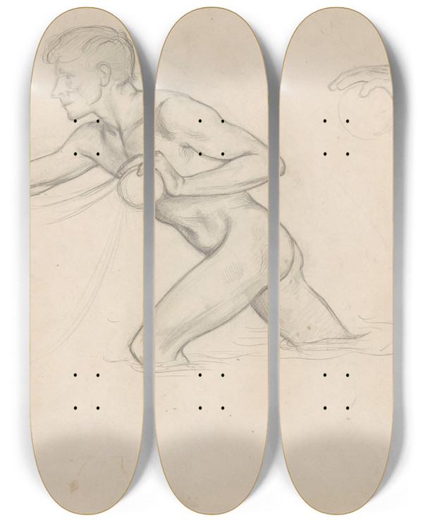 Triptych art skateboard deck of Richard Nicolas Roland Holst Naakte Jongen In Het Water Duwend by Richard Nicolaus Roland Holst (1868-1938)