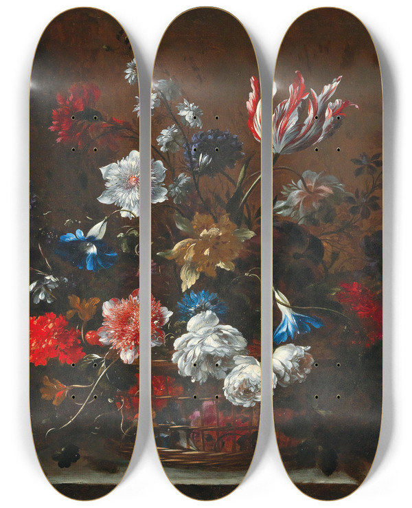 Triptych art skateboard deck of Nicolas Baudesson Flowers In A Basket by Nicolas Baudesson (1611-1680)