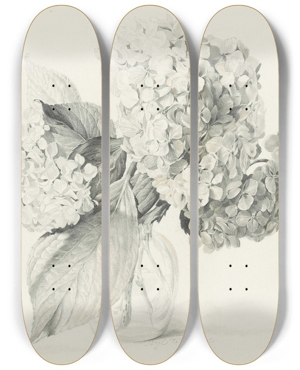 Triptych art skateboard deck of Sergey Chekhonin Hydrangeas In A Vase by Sergey Chekhonin (1878-1936)