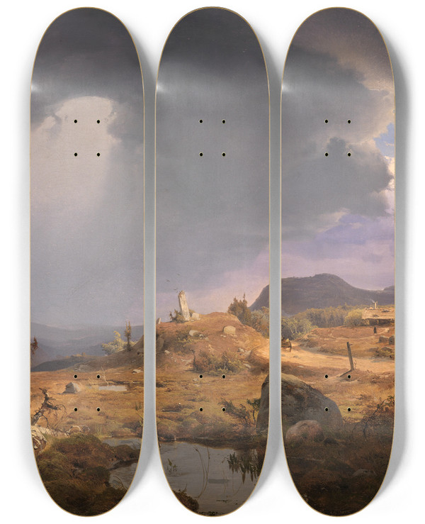 Triptych art skateboard deck of Andreas Achenbach Norwegian Landscape by Andreas Achenbach (1815-1910)
