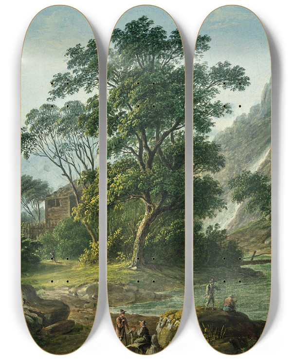 Triptych art skateboard deck of Rudolf Matthias Toma Travellers Resting Near A Mountain Lake by Matthias Rudolf Toma