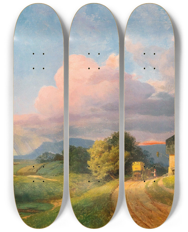Triptych art skateboard deck of Ignaz Raffalt A Post Coach Resting At Dusk by Ignaz Raffalt (1800-1857)