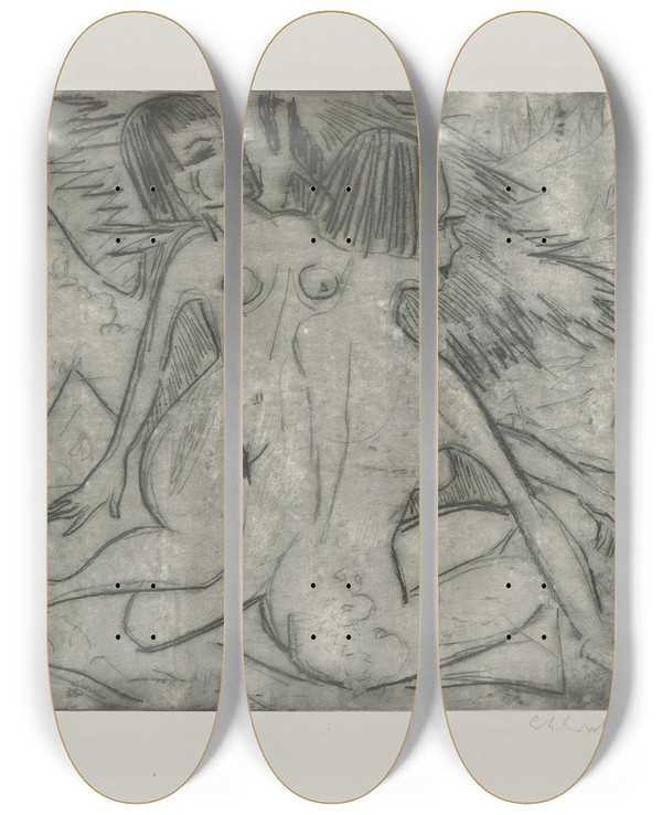 Triptych art skateboard deck of Ernst Ludwig Kirchner Zwei Nackte Frauen Am Waldrand by Ernst Ludwig Kirchner (1880-1938)