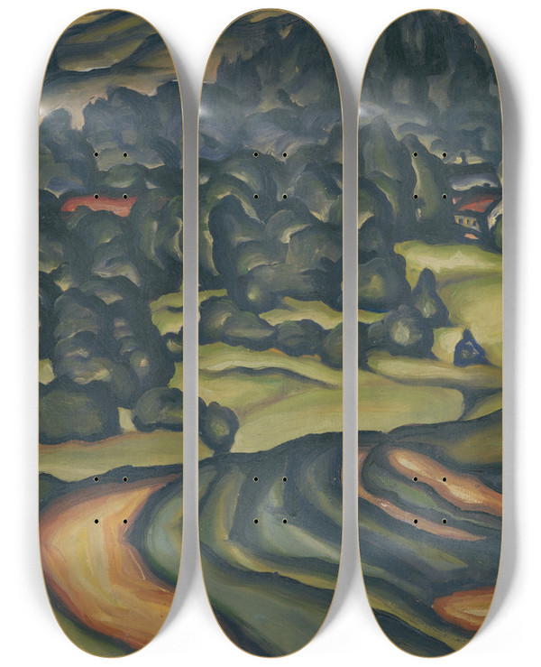 Triptych art skateboard deck of Kontantn Bauer Krajina by Konstantin Bauer (1893-1928)