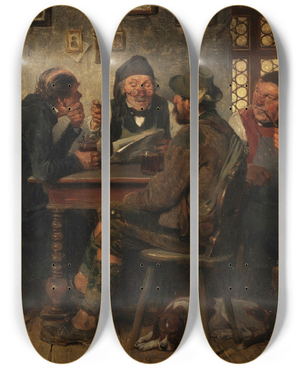 Triptych art skateboard deck of Hugo Kauffmann Der Vorleser by Hugo Kauffmann (1844-1915)
