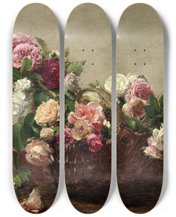 Triptych art skateboard deck of Henri Fantinlatour Panier De Roses by Henri Fantin-Latour (1836-1904)