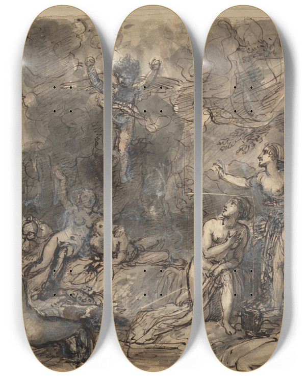 Triptych art skateboard deck of Robert Smirke Study Of Nude Figures In A Wooded Area by Robert Smirke (1752-1845)