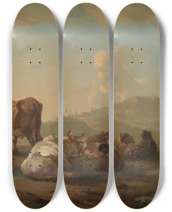 Triptych art skateboard deck of Willem Romeyn Resting Herd by Willem Romeyn (1624-1694)