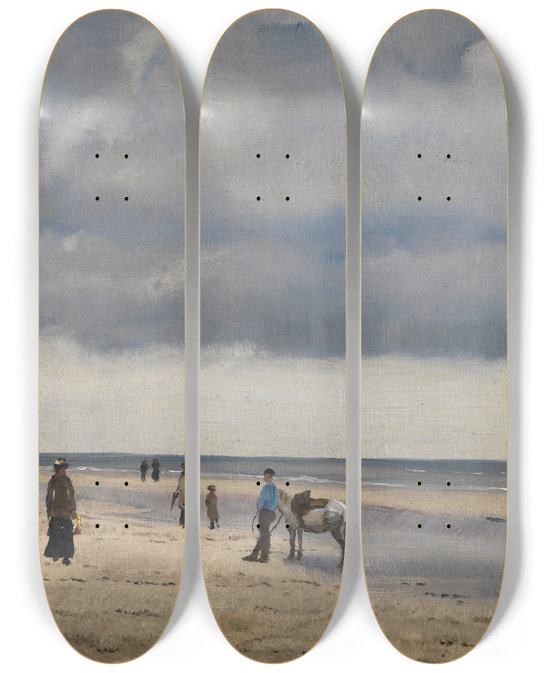 Triptych art skateboard deck of Rudolf Hirth Du Frnes Am Strande by Rudolf Hirth du Frnes (1846-1916)