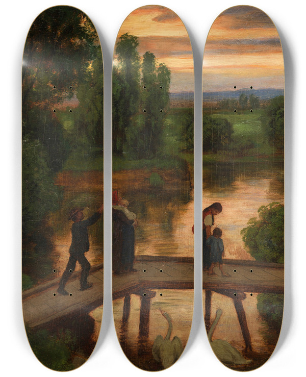 Triptych art skateboard deck of Hans Thoma Die Brcke Sommerabend by Hans Thoma (1839-1924)
