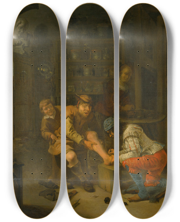 Triptych art skateboard deck of Gerrit Lundens At The Apothecarys by Gerrit Lundens (1622-1686)