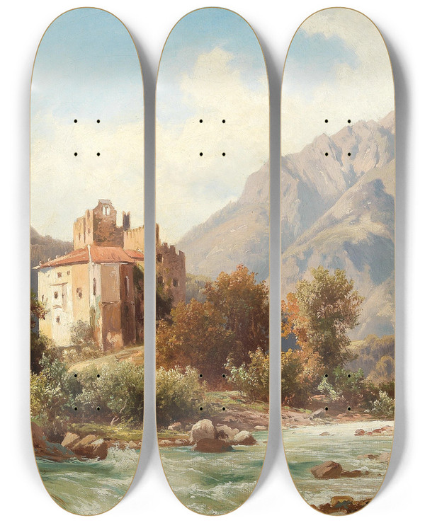 Triptych art skateboard deck of Alois Kirnig Forst Castle On The Adige Near Merano by Alois Kirnig (1840-1911)