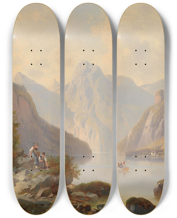 Triptych art skateboard deck of Josef Thoma Blick Auf Den Knigssee by Josef Thoma (1828-1899)