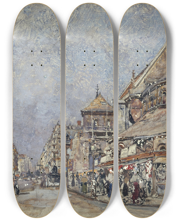 Triptych art skateboard deck of Frdric Houbron La Rue Raumur Et Le Chevet De Lglise Saintmartindeschamps by Frederic Houbron (1851-1908)