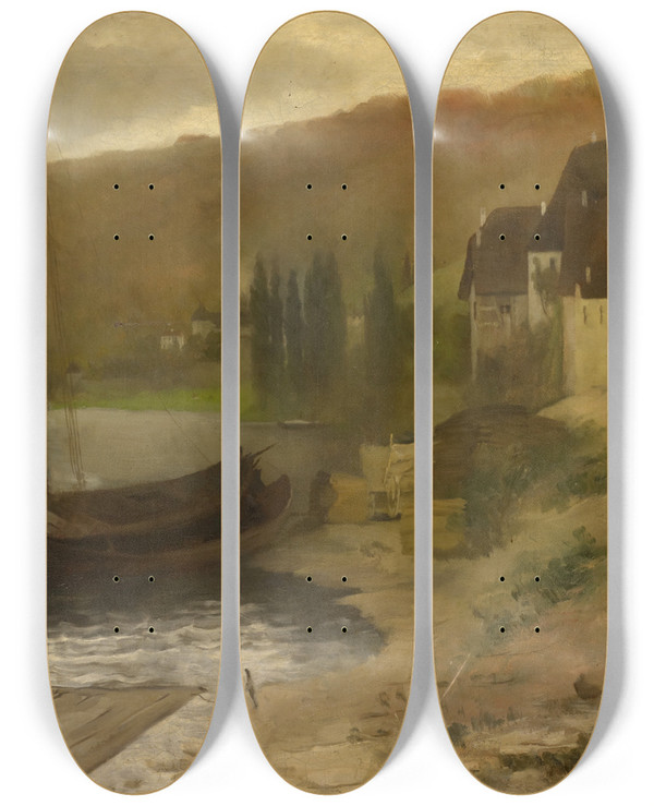 Triptych art skateboard deck of Ernst Schiess Landscape At The Main River by Ernst Schiess (1872-1919)