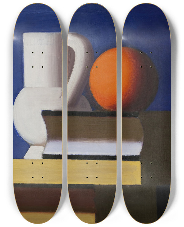 Triptych art skateboard deck of Vilhelm Lundstrm Still Life With White Jar Orange And Book by Vilhelm Lundstrom (1893-1950)
