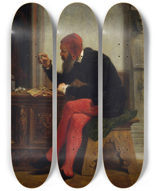 Triptych art skateboard deck of Edwin White The Antiquary by Edwin White (1817-1877)