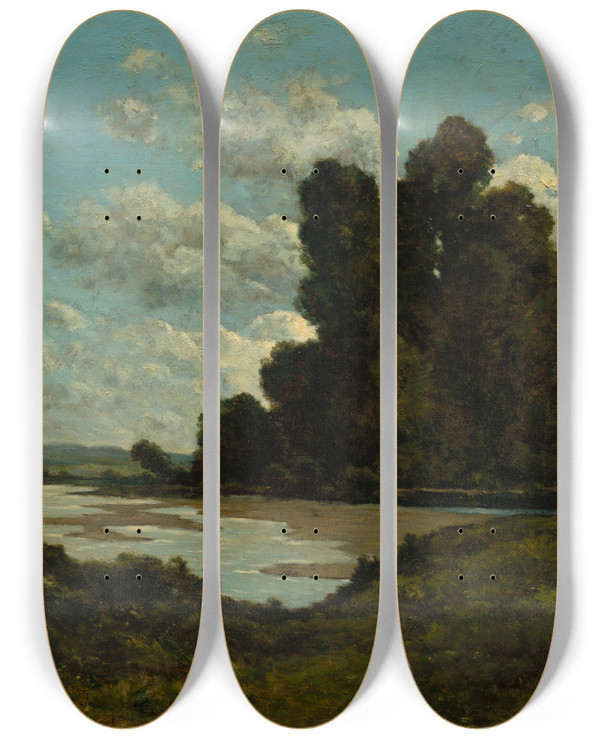 Triptych art skateboard deck of Henrijoseph Harpignies The River Loire At Nevers by Henri Joseph Harpignies (1819-1916)