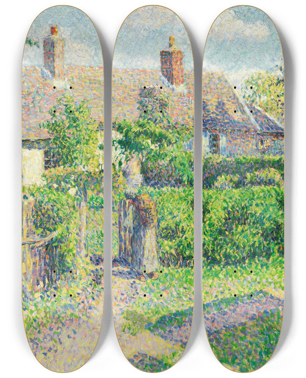 Triptych art skateboard deck of Camille Pissarro Peasants Houses Eragny by Camille Pissarro (1830-1903)
